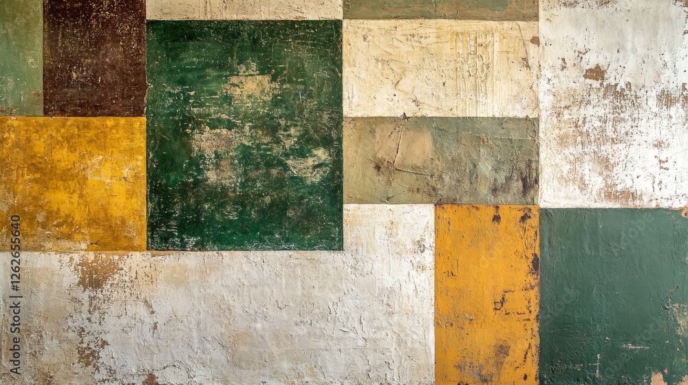 Poster abstract geometric artwork featuring various colored square and rectangle shapes
