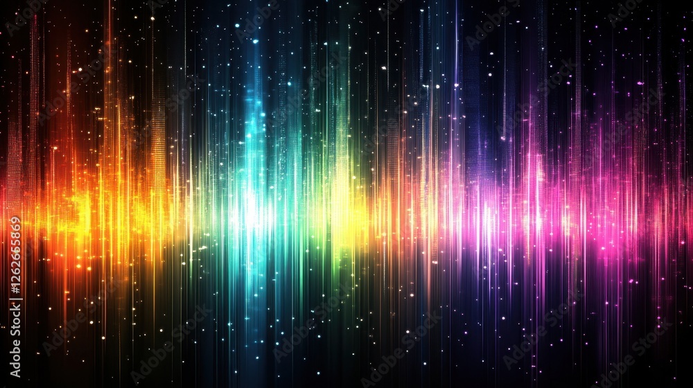 Poster colorful sound wave visualization with vibrant spectrum and starry background