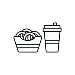 Drink and onion rings set food icon in flat style, featuring a refreshing beverage in a cup with a straw and a crispy stack of golden onion rings.