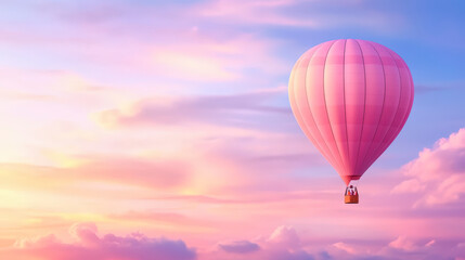 Obraz premium Pink hot air balloon floating gracefully against a serene sunset sky, perfect for romantic adventures and scenic photography enthusiasts.