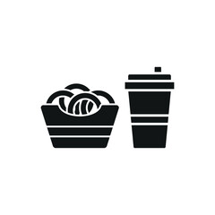 Drink and onion rings set food icon in flat style, featuring a refreshing beverage in a cup with a straw and a crispy stack of golden onion rings.