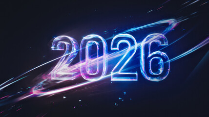 Futuristic 2026 design with vibrant light trails and cosmic elements
