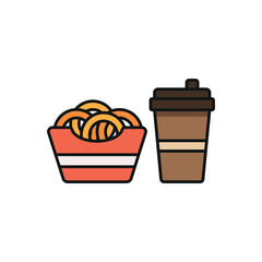 Drink and onion rings set food icon in flat style, featuring a refreshing beverage in a cup with a straw and a crispy stack of golden onion rings.