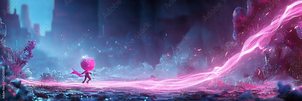Poster fast-speed light and neon effects create an abstract 3d technology scene in an open space with a ref
