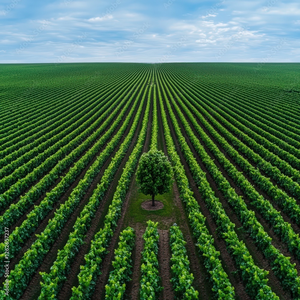 Poster a drone capturing a vineyard in perfectly aligned rows.