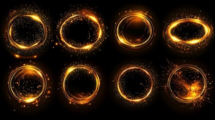 Naklejka premium A celebration of magic power effects, shown through a fairy trail, glitter dust swirl, a shimmering avatar frame, and golden light circles against a black transparent background, all encapsulated in