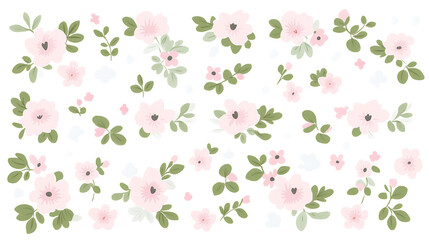 Charming Botanical Bliss Light Pink Flowers and Delicate Greenery Abundance Seamless Pattern Design