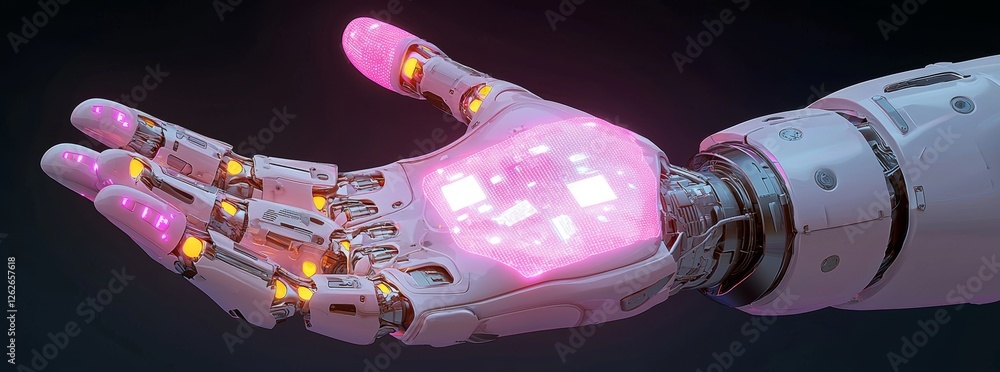 Poster a futuristic background with a robot ai hand and an artificial arm, representing a humanoid touch. t