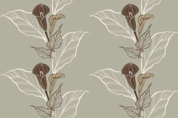 Calla lily flower pattern, Hand drawn  floral backround. Botanical seamless pattern . Sketch drawing. Design for fashion , fabric, textile, wallpaper, cover, web , wrapping and all prints
