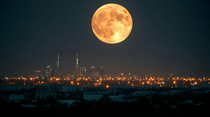 Orange full moon over city skyline at night.  Use calendar, wallpaper