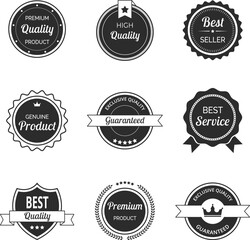 Vector illustration set of high quality labels and badges in vintage black color. Includes premium, certified designs for seals and stamps. Ideal to signify best standards and guaranteed quality.