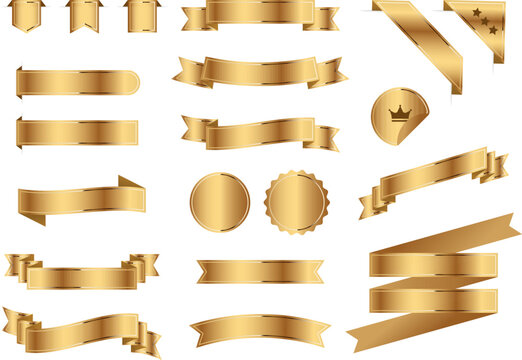 Vector illustration set of elegant gold ribbon banners and labels. Shiny metalic badges for premium products, luxury advertising, awards, and promotions. Blank space for custom text or logo.