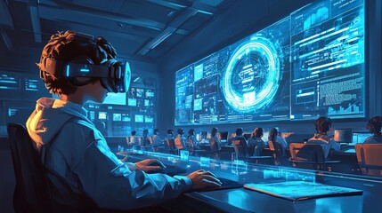 Interactive classroom with a student using a VR headset, exploring AI technology and machine learning, featuring blue holograms symbolizing smart education.