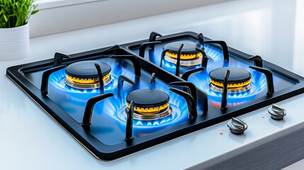Modern kitchen gas stove with blue flames, showcasing energy-efficient cooking appliances for optimal home kitchen performance.