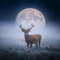 A deer standing in the middle of a foggy field at night with a full moon in the sky behind
