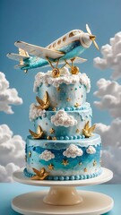 A three-tiered aviation-themed cake with vintage airplane topper and adorned with frosting fluffy clouds and golden birds. Cake design as a work of baking art