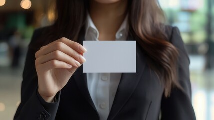 Businesswoman holding a blank card in a modern office environment during a networking event