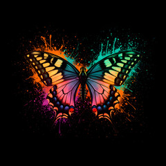 Vibrant Butterfly on Black Background – Colorful Splashes Illustration