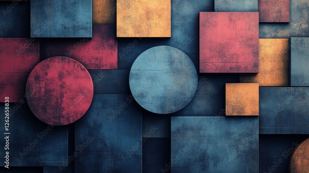 Poster abstract arrangement of squares and circles with various colors