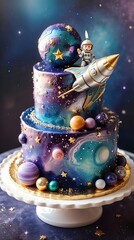 Realistic picture of a cosmic-themed cake adorned with an astronaut, rocket ship, sparkling stars and planets orbiting around. Cake as a work of culinary art
