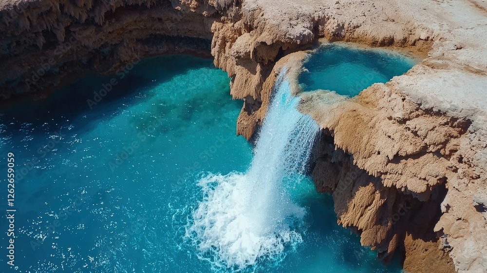 Poster a drone capturing a waterfall cascading into a deep pool below.