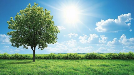 Obraz premium Vector illustration of a spring or summer landscape with lush green meadows, trees, bushes, hills, and a cloudy blue sky, with space for text. Ideal for seasonal and nature designs.