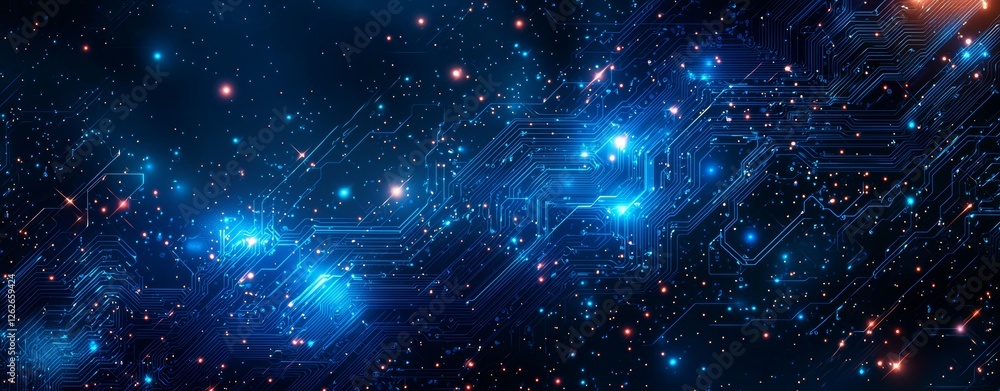 Poster a blue and black banner showcasing an abstract digital network circuit board with glowing lights and