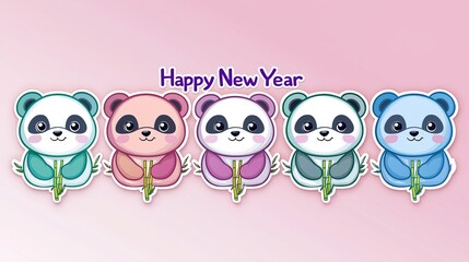 Fototapeta premium Colorful Cute Pandas Celebrate New Year with Joyful Design in Futuristic Style for Modern Festive Events