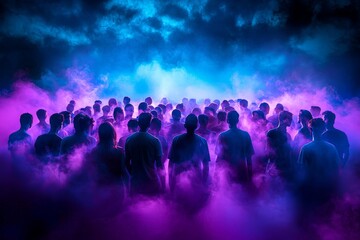 Awe-Inspiring Crowd Surrounded by Deep Purple and Blue Hues in Fog
