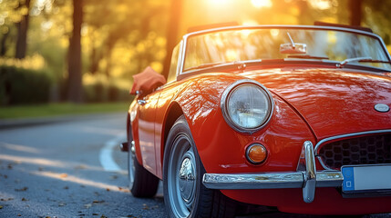 Fototapeta premium Red convertible classic car road trip autumn sunset