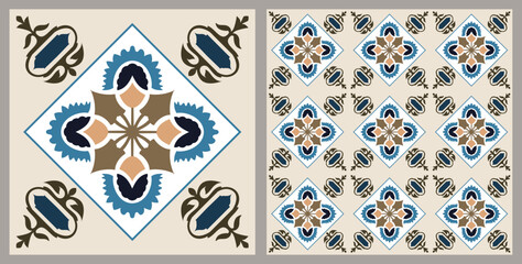 Traditional portuguese spanish moroccan mosaic ceramic, decorative ornate square azulejos mediterranean motif. Vector set of spanish and portuguese seamless wallpaper