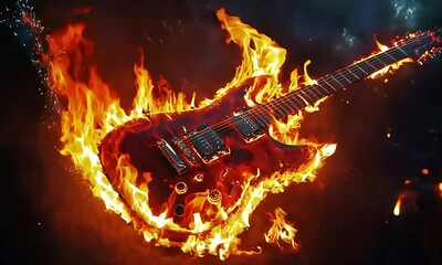 A Stunningly Detailed Image of a Guitar Engulfed in Flames, Symbolizing Intense Energy and Passion for Music