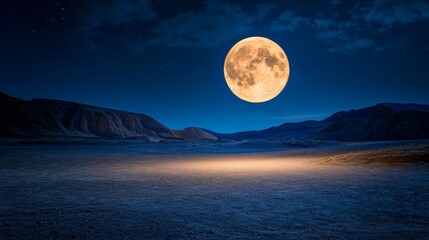 Majestic Oversized Full Moon Illuminates Featureless Landscape at Night