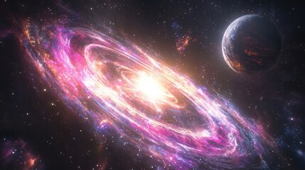 Vibrant Cosmic Nebula Swirling in Deep Space with Colorful Patterns and a Distant Planet