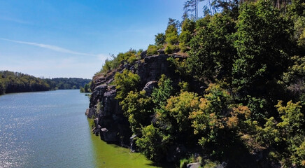 View of the river and trees on the bank in the city of Zhitomir. Teteriv river. View from the top. Zhytomyr. Ukraine. Europe