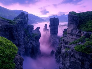 Surreal Landscape of Towering Rock Formations Amidst Glowing Mist