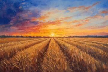 Obraz premium golden wheat field stretching to horizon, dramatic sunset sky, atmospheric rural landscape photography