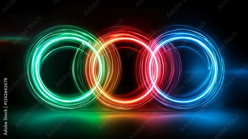 Poster interlocking glowing neon circles in abstract arrangement on dark background