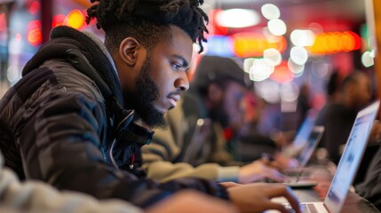 Obraz premium Man Working Remotely on Laptop in a Cozy Café