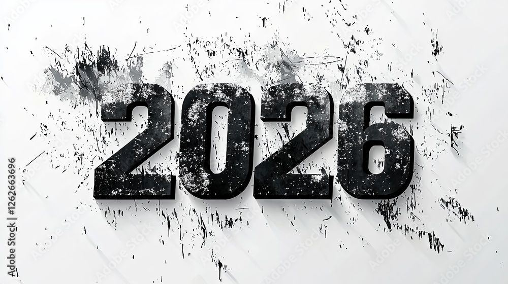 Poster happy new year 2026 in blocky stencil font on a white background with artistic texture effects