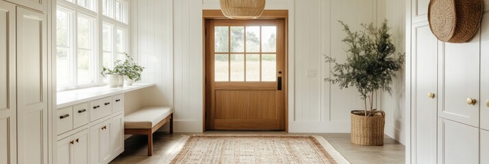 Fototapeta premium Bright Entryway With Wooden Door And Built In Seating