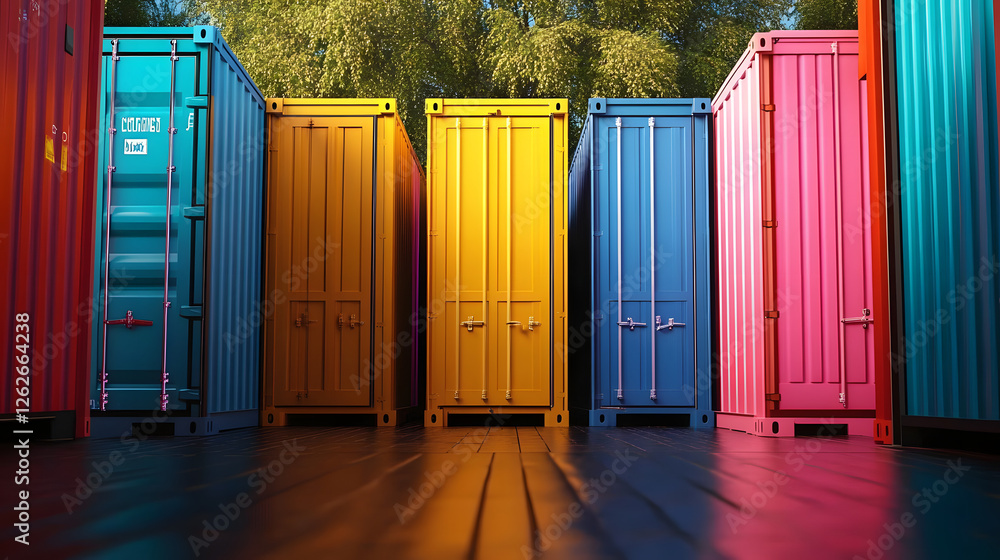 Poster a row of colorful shipping containers are lined up