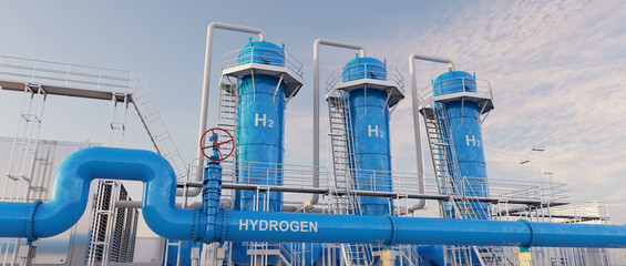 Plant of *Blue Hydrogen* is a form of hydrogen production that combines natural gas reforming with carbon capture and storage to reduce greenhouse gas emissions. 3D illustration.
