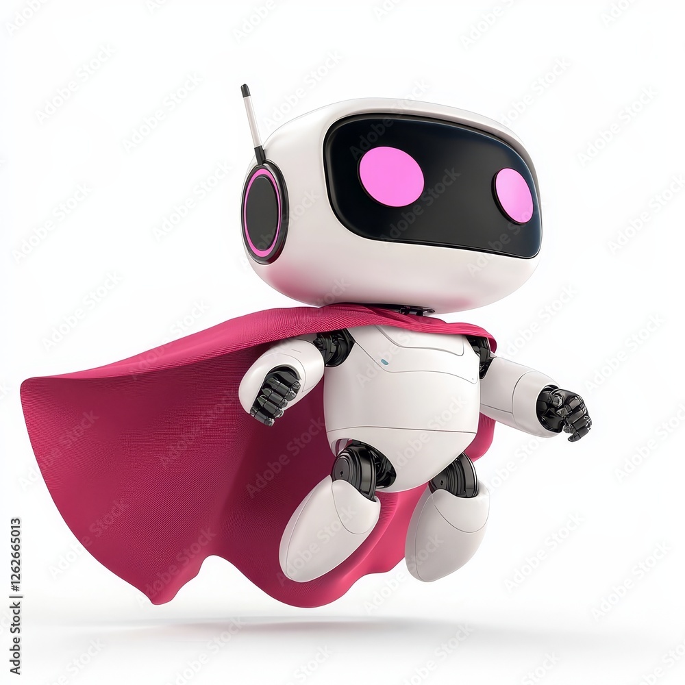Poster the chat bot robot, dressed in a red cape and designed as a 3d ai support superhero, serves as an ai
