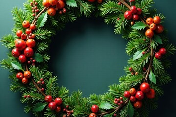 Intricate holly & fir sprig wreath with orange accents; rich textures , clipart, leaves, fruit