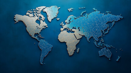 Naklejka premium Elegant digital world map with blue and gold tones, highlighting global connectivity and modern geographical representation for businesses.