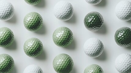 Aerial view of arranged golf balls in various shades of green and white on a light background