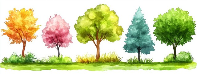 A collection of hand-drawn modern watercolor illustrations, depicting trees in autumn and spring with a minimalistic style and side view, intended for architectural and landscape design.