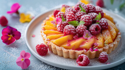 Sweet mango and raspberries tart arranged on a crisp pastry base, garnished with edible flowers