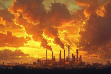 industrial oil refinery silhouetted against a dramatic sunrise sky with golden clouds, steam rising from cooling towers
